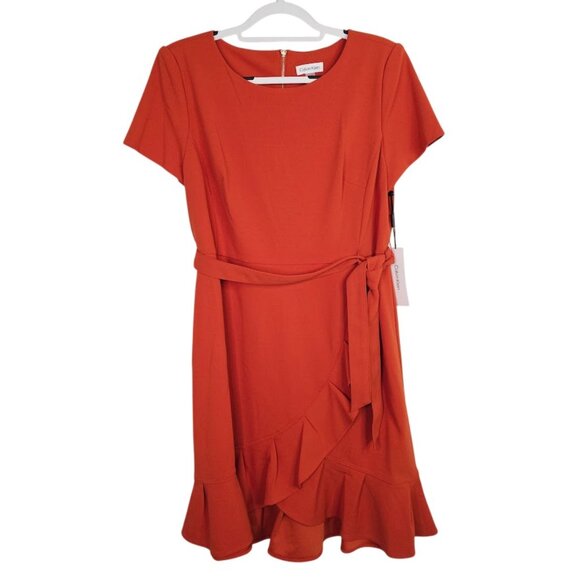 Calvin Klein Dresses & Skirts - NWT CALVIN KLEIN Faux Wrap Dress ORANGE CLAY size 16 Ruffle Hem Summer Feminine